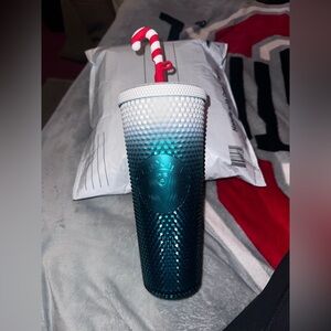 Starbucks Teal to White Ombre Studded Tumbler with Red-White Straw